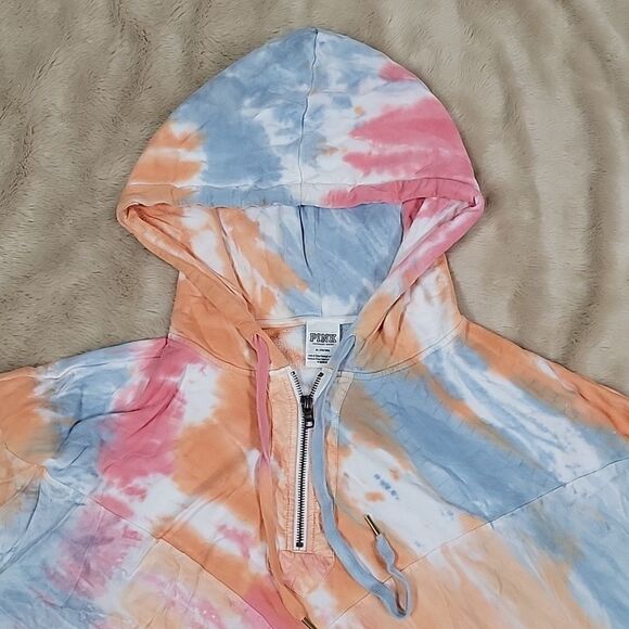 PINK VICTORIA'S SECRET PASTEL TIE-DYE BATWING QUARTER-ZIP CROPPED HOODIE, SIZE M - Picture 2 of 11
